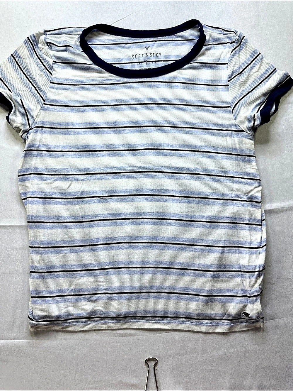 Soft & Sexy Striped Short Sleeve Tee in Blue & White Size Medium